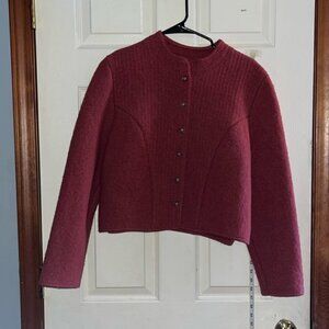 VTG-lands end-8-raspberry-boiled, 100% wool, cropped, cardigan sweater.